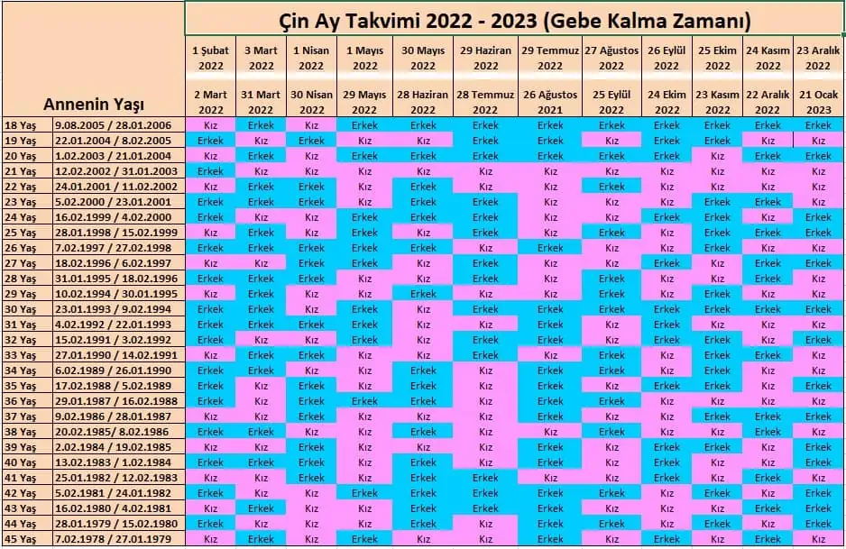 Çin Takvimi Otomatik Cinsiyet Hesaplama 2022-2023 4 cin takvimi 2022 2023